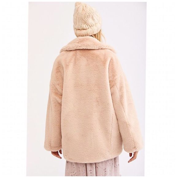 𝅺FREE People Kate Faux Fur Coat Jacket In Apricot - Picture 7 of 15
